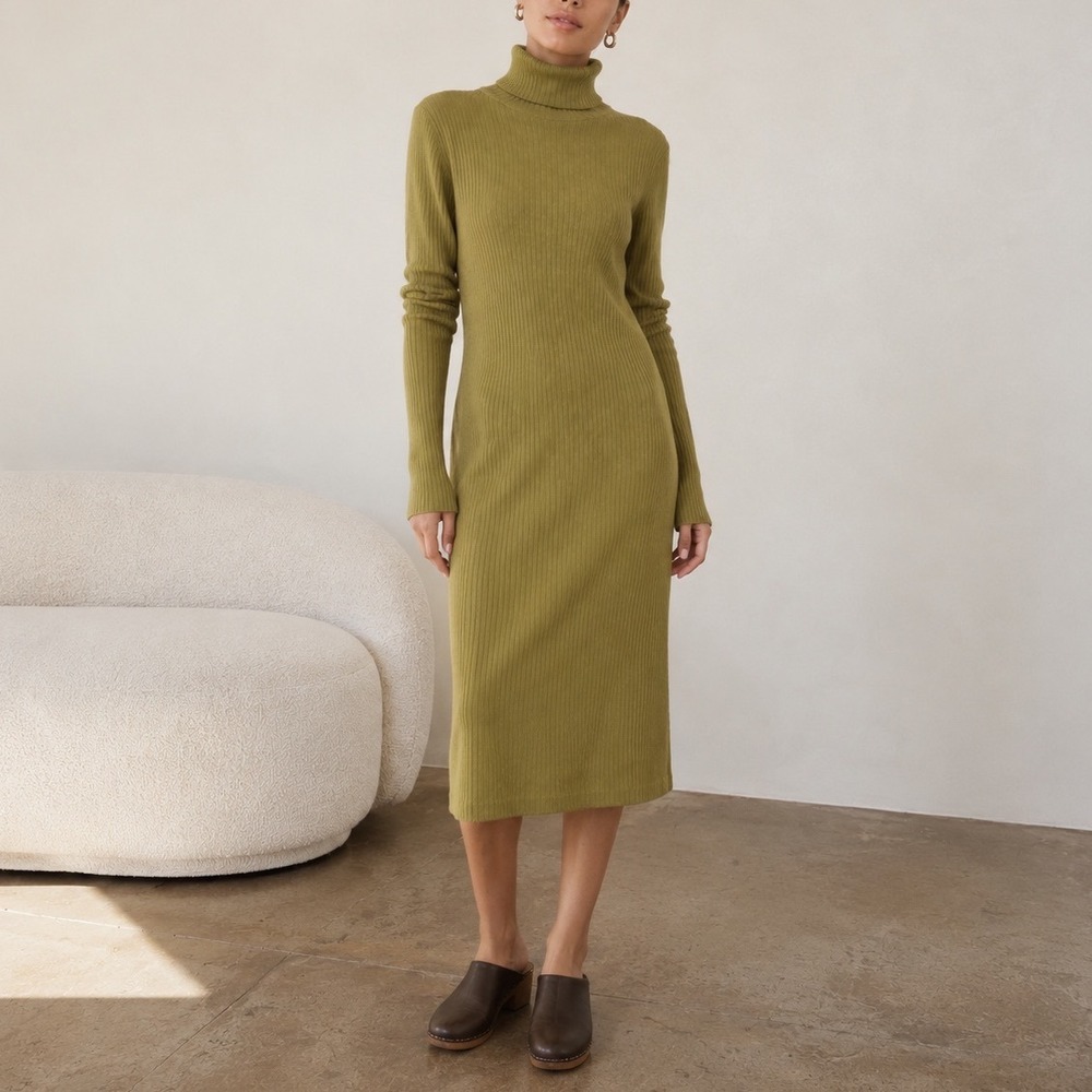 Ilana Kohn Rib Knit Turtleneck Midi Dress Women's Large Olive Cotton Casual